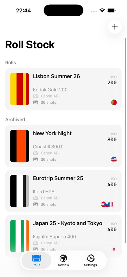 Rolls list showing active and archived rolls