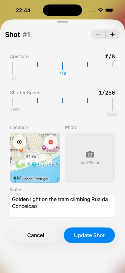The shot editor, with aperture and shutter ruler sliders