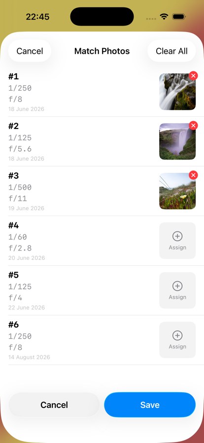 Matching imported photos to logged frames